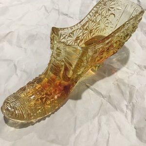 VTG Boyd Light Honey Amber Art Glass Shoe Daisy Button & Bow Tie Slipper GLOW/57